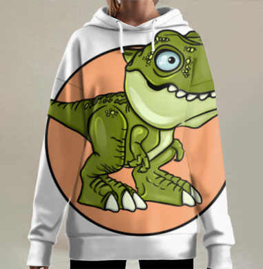 Зеленый милый динозавр с выразительными глазами на персиковом фоне, Hoodie Long Oversize 3D
