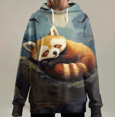 Малая панда в лунной ночи — уют и покой, Hoodie Long Oversize 3D