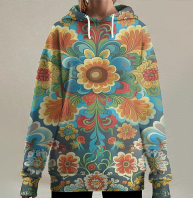 Яркие Цветы Узоры Восточная Народная Роспись, Hoodie Long Oversize 3D