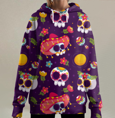 Яркий мексиканский праздник день мертвых черепков, Hoodie Long Oversize 3D