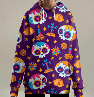 Красочные черепа и цветы на темнофиолетовом фоне, Hoodie Long Oversize 3D