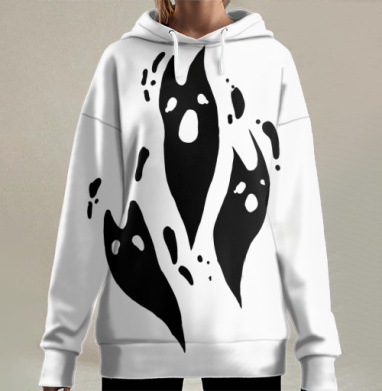 Три призрака в чёрно белом минимализме на разных уровнях, Hoodie Long Oversize 3D