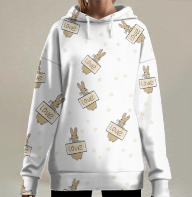 Серый с зайцами и надписью Любовь серая с зайцами и надписью, Hoodie Long Oversize 3D