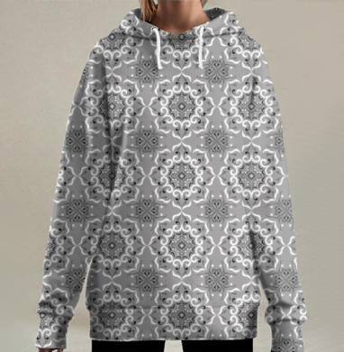 Монохромный кружевной узор геометрия черно белый, Hoodie Long Oversize 3D
