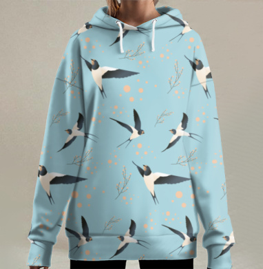 Ласточки в полёте на голубом фоне на женских изделиях, Hoodie Long Oversize 3D