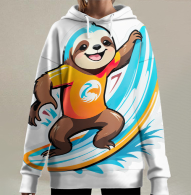 Веселый ленивец на серфе с яркими цветами, Hoodie Long Oversize 3D