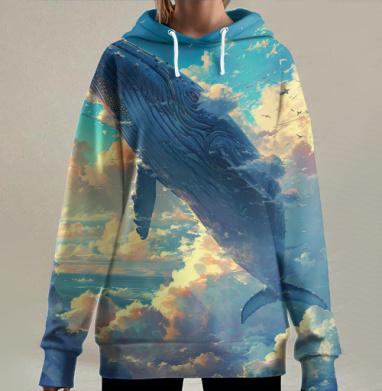 Летающий синий кит над облаками мечта вдохновение, Hoodie Long Oversize 3D