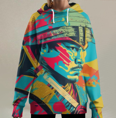 Яркий самурай поп арт с мужества и решительности, Hoodie Long Oversize 3D