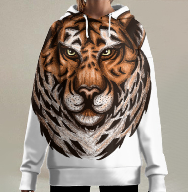 Мощная голова тигра в рыжих и коричневых тонах, Hoodie Long Oversize 3D