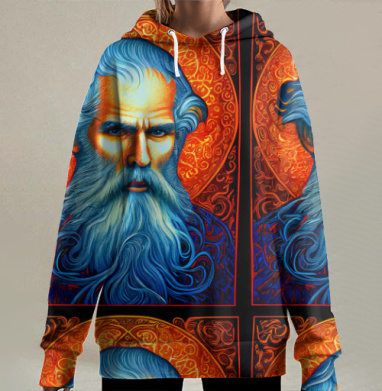 Портрет Льва Толстого в оранжево синем стиле, Hoodie Long Oversize 3D