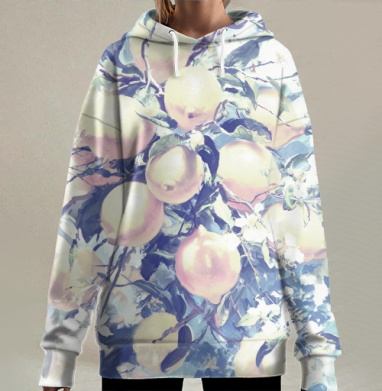 Желтые лимоны среди зеленой листвы, Hoodie Long Oversize 3D