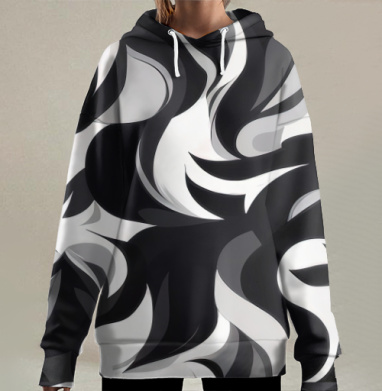 Контрастное движение чёрно белых форм создания последних слов, Hoodie Long Oversize 3D