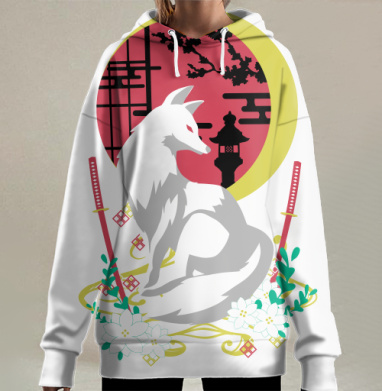Белая Лиса с Катаной и Японским Садом в Вечернем Свете, Hoodie Long Oversize 3D