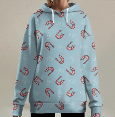 Розовые влюбленные креветки на голубом фоне с пузырьками и сердцем, Hoodie Long Oversize 3D