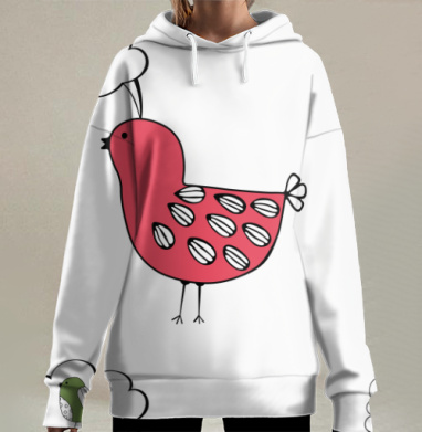 Красная птица думает о зеленой птице в облаке мысли, Hoodie Long Oversize 3D