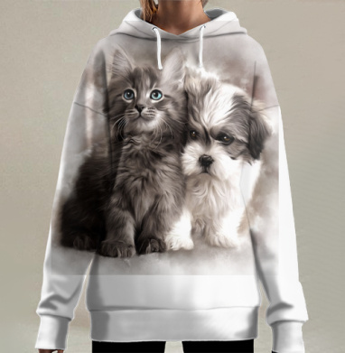 Дружба котёнка щенка нежное единство, Hoodie Long Oversize 3D