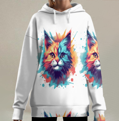 Яркий кот с контрастным лицом в абстрактных цветах, Hoodie Long Oversize 3D