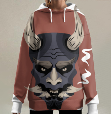 Маска самурая векторный арт японские символы воина, Hoodie Long Oversize 3D