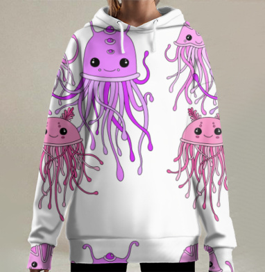 Милые морские медузы в розовом и фиолетовом цвете живут вместе, Hoodie Long Oversize 3D