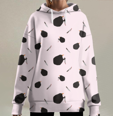 Черные птицы с ножами на розовом фоне, Hoodie Long Oversize 3D