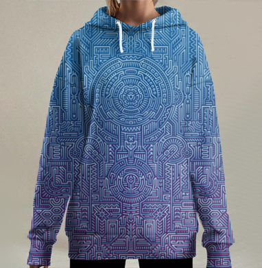 Глубокая биомеханическая мандала в синих оттенках, Hoodie Long Oversize 3D