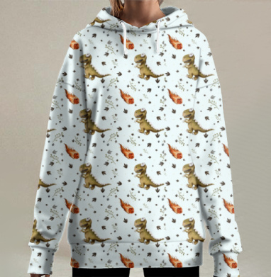 Весёлые динозавры убегают от огненных метеоритов, Hoodie Long Oversize 3D