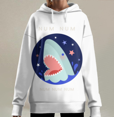 Веселая Акула с Открытой Пастью и Звездами num num num, Hoodie Long Oversize 3D