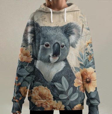 Медитативный портрет коалы в цветах, Hoodie Long Oversize 3D