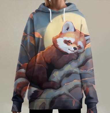 Милая красная панда спокойной ночи отдыхает на ветке, Hoodie Long Oversize 3D