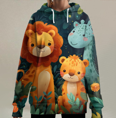 Милые дикие животные в зелёной тропической чаще, Hoodie Long Oversize 3D