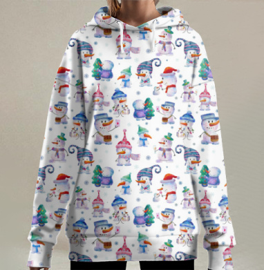 Веселые снеговики в зимних шапках и шарфиках на белом фоне, Hoodie Long Oversize 3D
