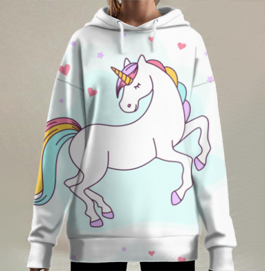 Милый единорог со звёздами и сердечками на фоне, Hoodie Long Oversize 3D