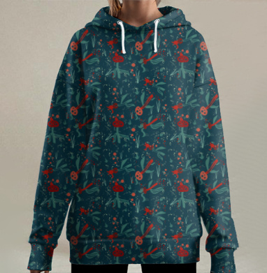 Волшебные лесные растения и загадочные красные цветы Mysterious red flowers, Hoodie Long Oversize 3D
