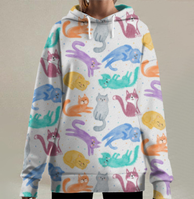 Весёлые кошки: милый детский рисунок акварелью, Hoodie Long Oversize 3D