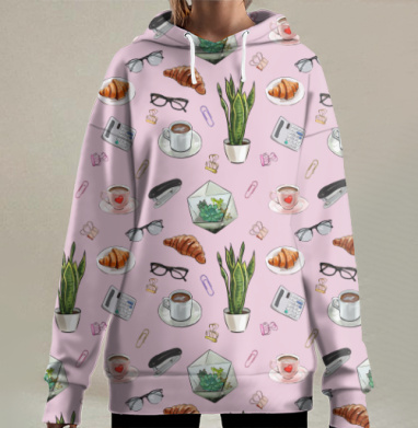 Уютный офис с растениями и кофе на розовом фоне, Hoodie Long Oversize 3D