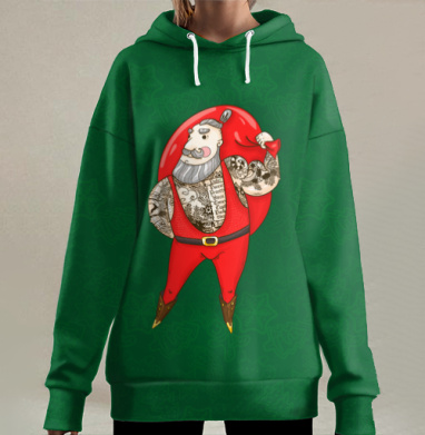 Современный Санта с тату в красном мешке, Hoodie Long Oversize 3D