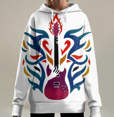 Огненная гитара с волнообразными пламенем и рука, Hoodie Long Oversize 3D