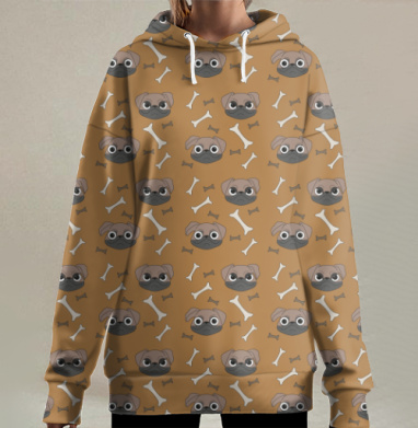 Веселые мордочки мопсов на горчичном фоне для детских изделий, Hoodie Long Oversize 3D