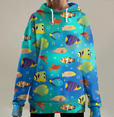 Жёлтая зелёная рыба с чёрными элементами на сером фоне, Hoodie Long Oversize 3D