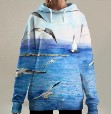 Свобода морских чаек в ярких оттенках синего, Hoodie Long Oversize 3D
