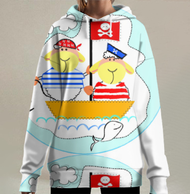 Веселые овечки пираты на корабле море волны, Hoodie Long Oversize 3D