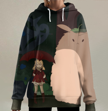 Девочка с красным зонтом и большое пушистое существо рядом, Hoodie Long Oversize 3D