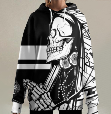 Графический скелет в платке с молитвой и оружием, Hoodie Long Oversize 3D