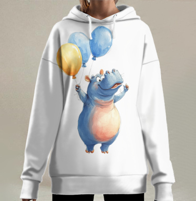 Watercolor Blue Hippo with Balloons / Акварельный бегемот с шариками, Hoodie Long Oversize 3D