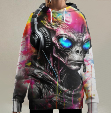 Инопланетянин в наушниках с яркими красками на голове и лице, Hoodie Long Oversize 3D