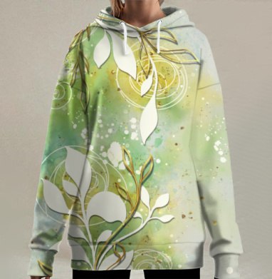 Гармоничные листья зелёный золотой акварель плавность воздушность, Hoodie Long Oversize 3D