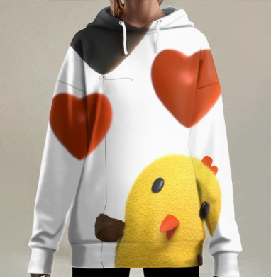 Желтый цыпленок с шарами в форме сердца на фоне, Hoodie Long Oversize 3D