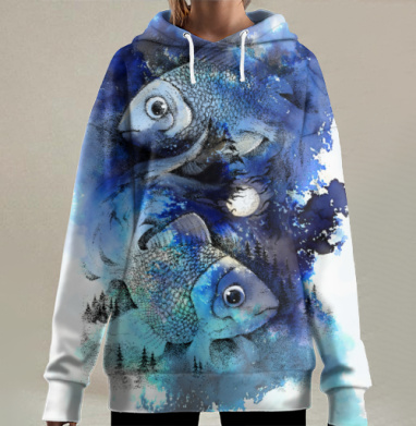Акварельные рыбы в мистическом синем водовороте, Hoodie Long Oversize 3D