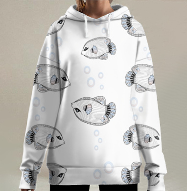 Нежные бело голубые рыбки в воде спокойствие умиротворения, Hoodie Long Oversize 3D