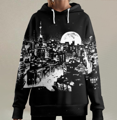 Ночная панорама мегаполиса в чёрно-белом стиле, Hoodie Long Oversize 3D